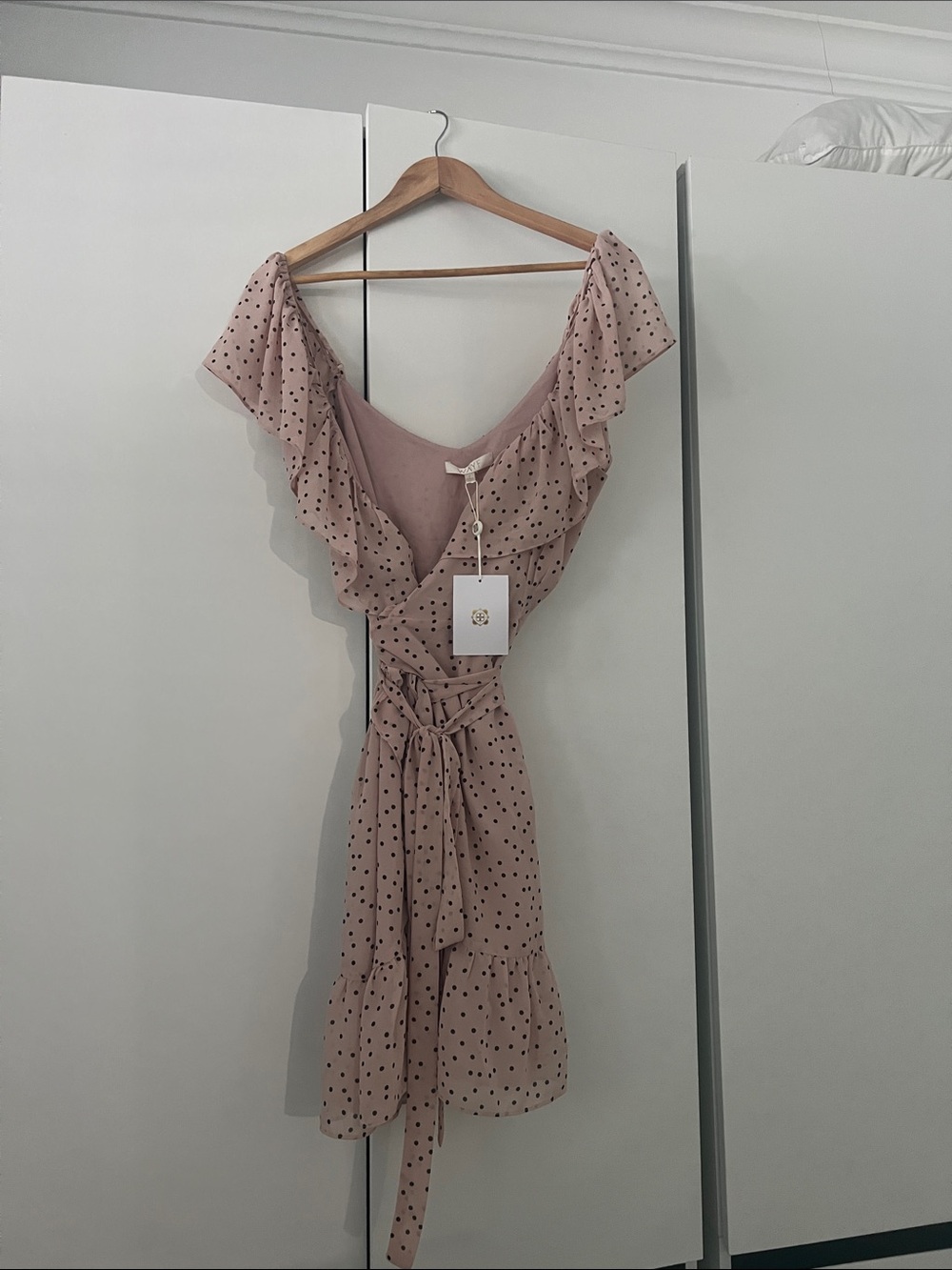 Wayf Blush Pink Polka Dot Ruffle Wrap Mini Dress